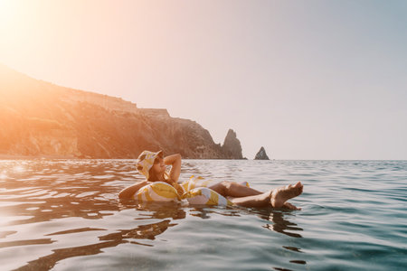Woman Floating Sea Inflatable Santorini Island Vacation