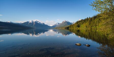 Beautiful evening scenery at Lake McDonald, Glacier National Park in Montanaの写真素材