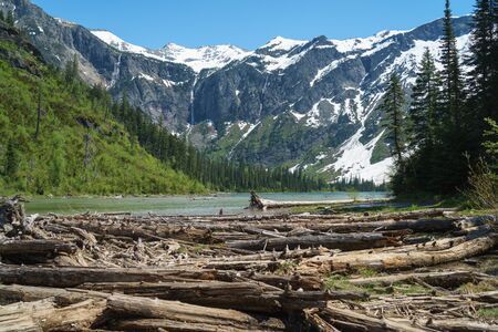 Sunny day at Avalanche Lake at Glacier National Park, Montanaの写真素材
