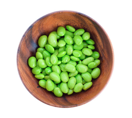 green soybeans in bowl isolated on white background.top vicwの写真素材