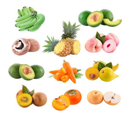 Set of natural fresh vegetables and fruits isolated on white background.の写真素材