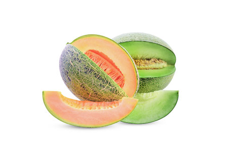 Melon,slices isolated on white background.の写真素材