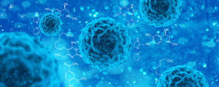 Microscopic view of influenza virus cells. 3D medical illustration