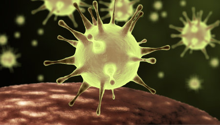 Microscopic view of influenza virus cells. 3D medical illustration