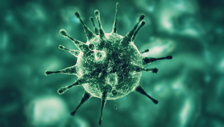 Microscopic view of influenza virus cells. 3D medical illustration