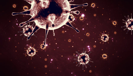 Microscopic view of influenza virus cells. 3D medical illustration