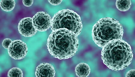 Microscopic view of influenza virus cells. 3D medical illustration