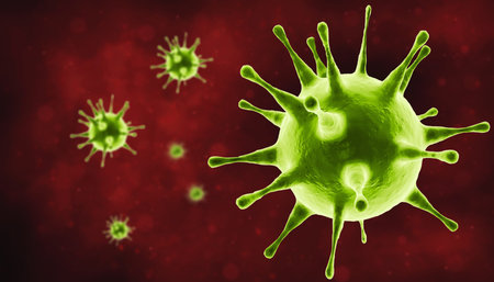 Microscopic view of influenza virus cells. 3D medical illustration
