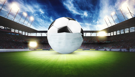 Euro soccer cancellation event concept. Ball with coronavirus mask