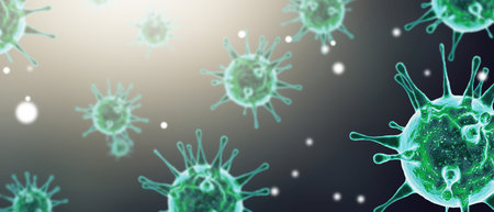Microscopic view of influenza virus cells. 3D medical illustration