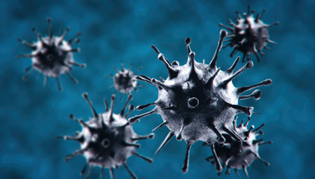 Microscopic view of influenza virus cells. 3D medical illustration