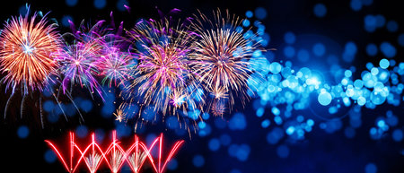 Colorful firework with bokeh background. New Year celebration, Abstract holiday background