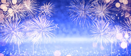 Colorful firework with bokeh background. New Year celebration, Abstract holiday background