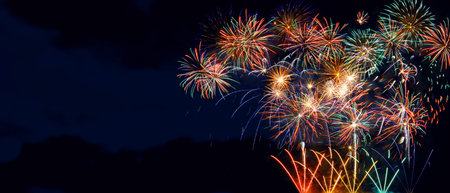 Colorful firework with bokeh background. New Year celebration, Abstract holiday background