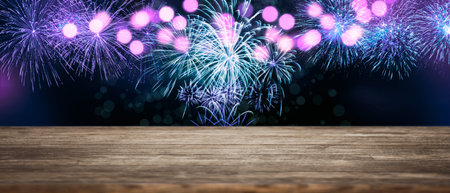 Colorful firework with bokeh background. New Year celebration, Abstract holiday backgroundの写真素材