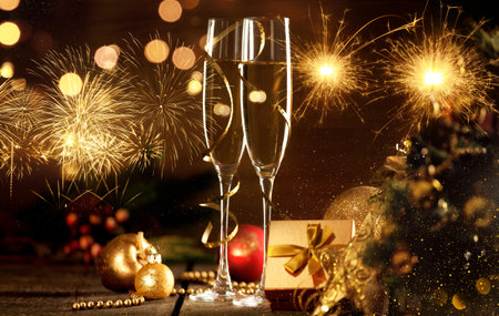 Glasses of champagne with splash, celebration theme conceptの写真素材