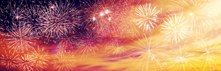 Colorful firework with bokeh background. New Year celebration, Abstract holiday backgroundの写真素材