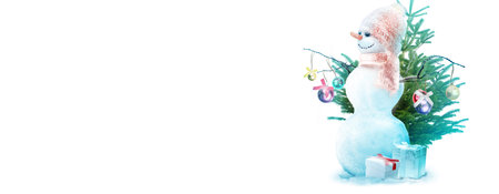 Happy snowman standing in winter christmas landscape.の写真素材