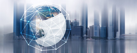 COVID-19, travel and safe world concept, globe in medical mask. Planet Earth with protect. Elements...