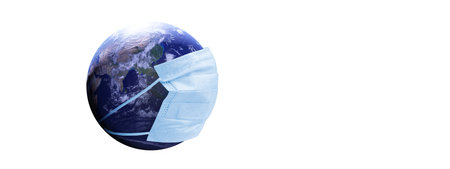 COVID-19, travel and safe world concept, globe in medical mask. Planet Earth with protect. Elements...