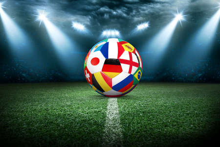 Football stadium, shiny lights, view from field. Soccer conceptの写真素材