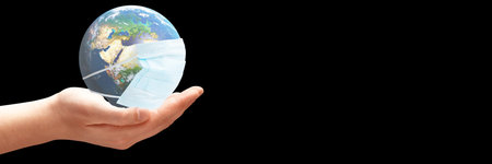 COVID-19, travel and safe world concept, globe in medical mask. Planet Earth with protect. Elements...