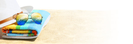 Summer vacation concept. Sunglasses with ocean beach and palms.