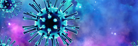 Microscopic view of influenza virus cells. 3D medical illustration
