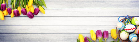 Easter composition with tulips. Festive decoration. Happy Easter.