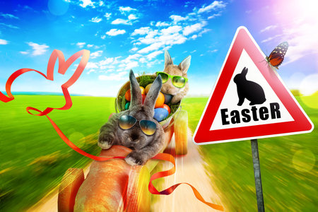 Easter composition with rabbit. Festive decoration. Happy Easter.