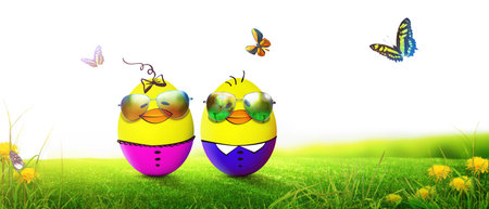 An Easter decoration with cool chicken. Easter holiday concept.