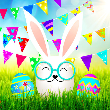 Easter composition with rabbit. Festive decoration. Happy Easter. 3d illustration