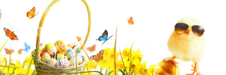 An Easter decoration with cool chicken. Easter holiday concept.