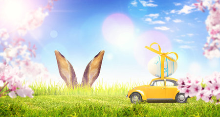 Easter composition with rabbit. Festive decoration. Happy Easter.