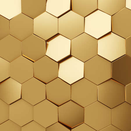 Gold metallic honeycomb and hexagon background pattern. 3d renderingの写真素材