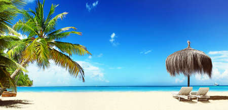 Wooden deck chairs on sandy beach near sea. Holiday background.の写真素材