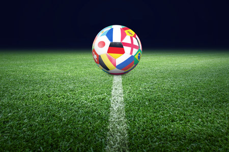 Football stadium, shiny lights, view from field. Soccer conceptの写真素材