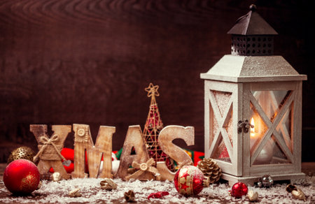 Christmas lantern scene. Merry Christmas greeting card.の写真素材