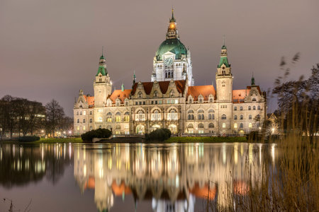 New Town Hall in Hanover, Germany at nightの写真素材