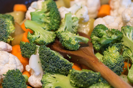 Fresh vegetables on a frying pan in a preparation time