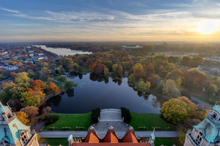 Maschsee. Aerial view of Hannover from observation platform of new city hall. at foggy eveningの写真素材