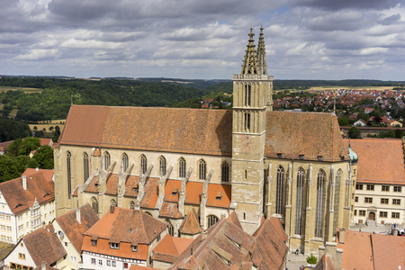 Aerial view of Rothenburg ob der Tauber, a well-preserved medieval old town in Middle Franconia on popular Romantic Road through southern Germany.の写真素材