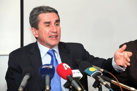 THESSALONIKI, GREECE - APRIL 18: Greek Minister of Health, Andreas Loverdos, visiting Regional Scientific Health Council (PESY) of Thessaloniki, on April 18, 2011, Thessaloniki Greece.のeditorial素材