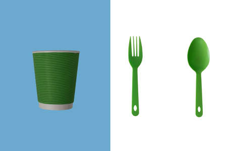 Green spoon, fork and paper cup. Eco-friendly disposable tableware made from recycled natural material on a light background or on a table. Food industry. Environmental concept.の写真素材