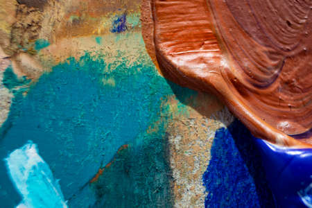 Oil Painting Texture, Painted Colorful Background. Artistic Mix of Colored Oil Painting on Palette. Macroartist's palette.の写真素材