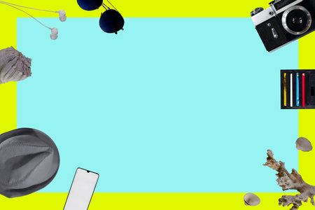 Travel Plan, Travel Vacation, Travel Layout - Traveler Outfit. Travel Accessory Maps for Travelers, Camera, Glasses, Headphones, Cards, Watches and Other for Visiting and Planning Business Trips, Traveling the World. Vacation concept.の写真素材