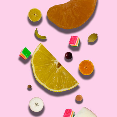 Sweet Pattern: Slice of Mandarin, Lemon and Apple with Banana Flying from Top to Down on a Pink Background. summer fruits. Concept of Summer and Fresh Fruits.の写真素材