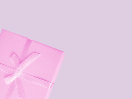 Happy Valentines Day Banner Template with Gift Box on Pink Background with Copy Space. Flat style, top view. Festive Boxes on a Pink Background. holiday concept.の写真素材