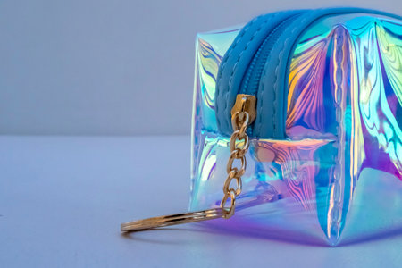 Fashionable Shiny Pouch for Cosmetics. Empty Canvas Clutch bag for Cosmetic Mockup. Cosmetic Accessory for Women and Girls.の写真素材