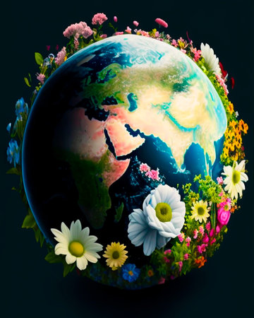 Green Globe Planet Earth with World Map with Green Grass and Flowers. Creative Abstraction. Global...
